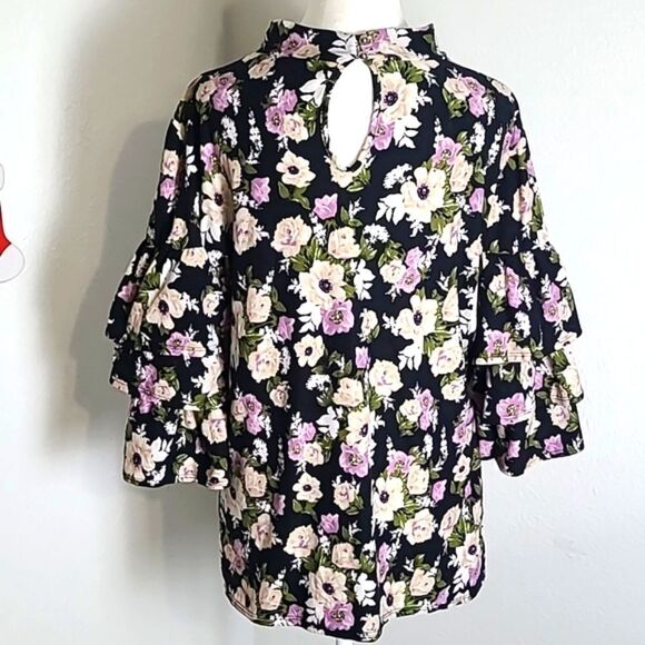 Touch Me Floral Mock Turtleneck Blouse with Layers on Sleeves, Size 3X - Picture 6 of 8